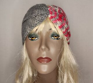 100% Alpaca Ear Warmer grey, red, and wh